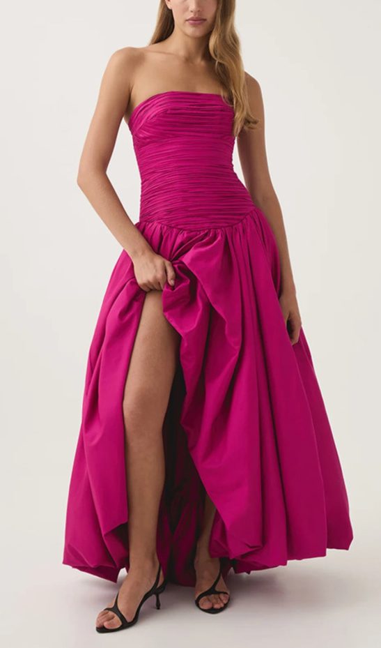 Strapless Ruched Puff Maxi Dress Hot Pink